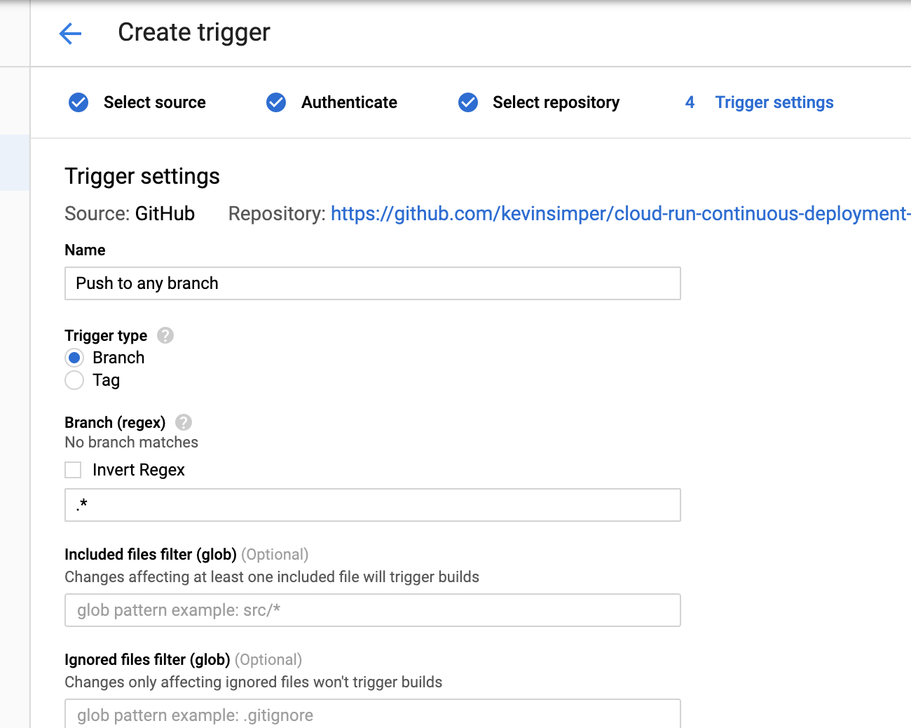 Google Cloud Create Trigger Trigger settings