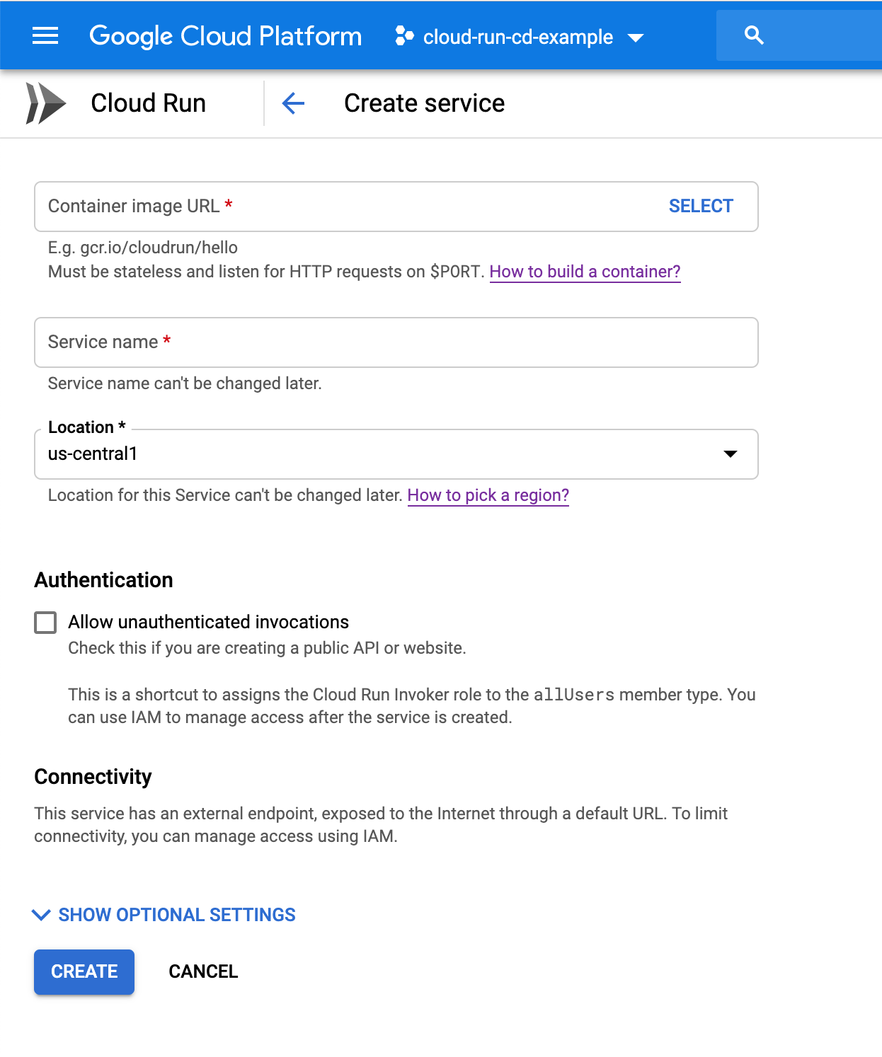Google Cloud Cloud Run Create Service
